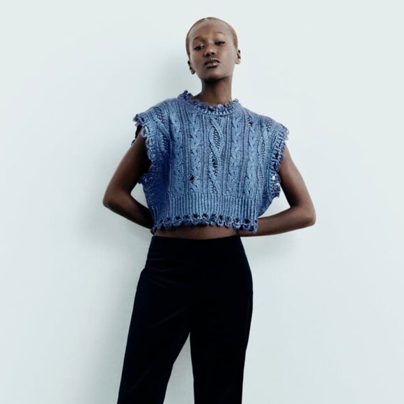 NWT Zara blue cable knit cropped metallic vest sleeveless sweater, S - Picture 1 of 12
